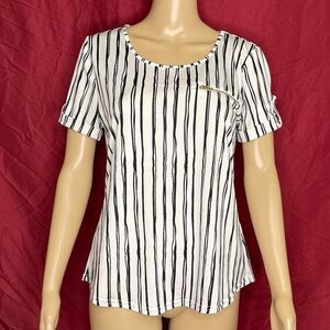 Sweet Wanderer Striped Roll Tab Zip Blouse Medium